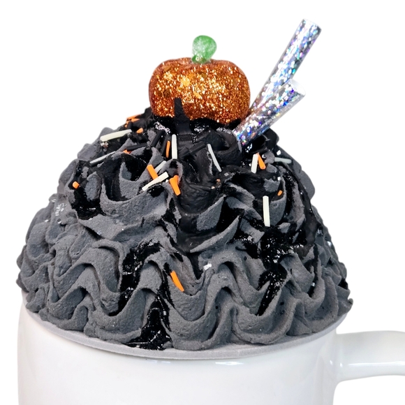Halloween Faux Cupcake Mug Topper Decor – Black Glitter Pumpkin Accent - Picture 1 of 6